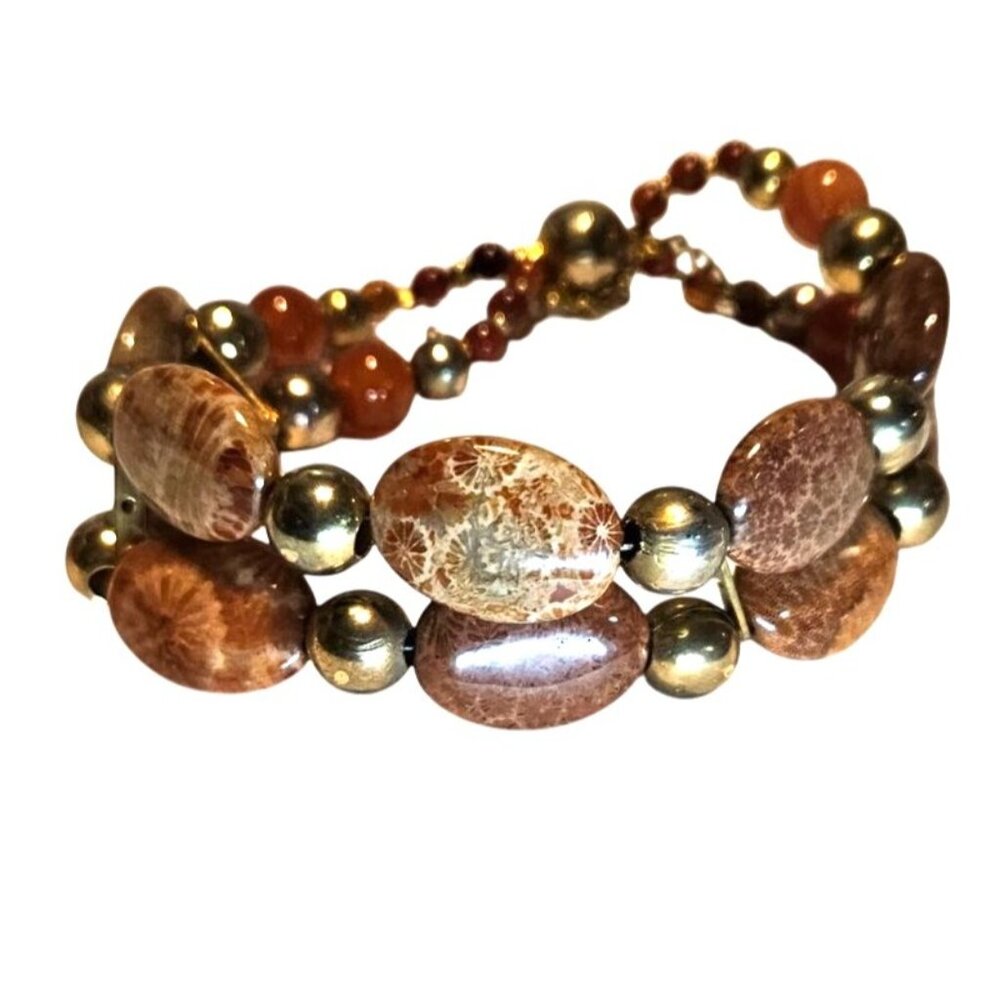 Vintage Bracelet Beaded Jasper Stone Gold-Tone‎ Glass Magnetic Closure